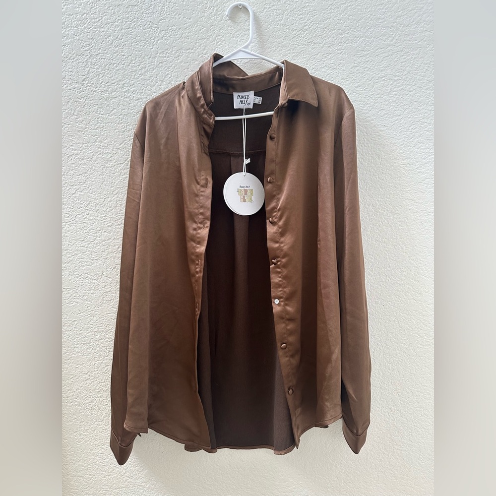NWT Princess Polly Chocolate Brown Satin Oversized button down